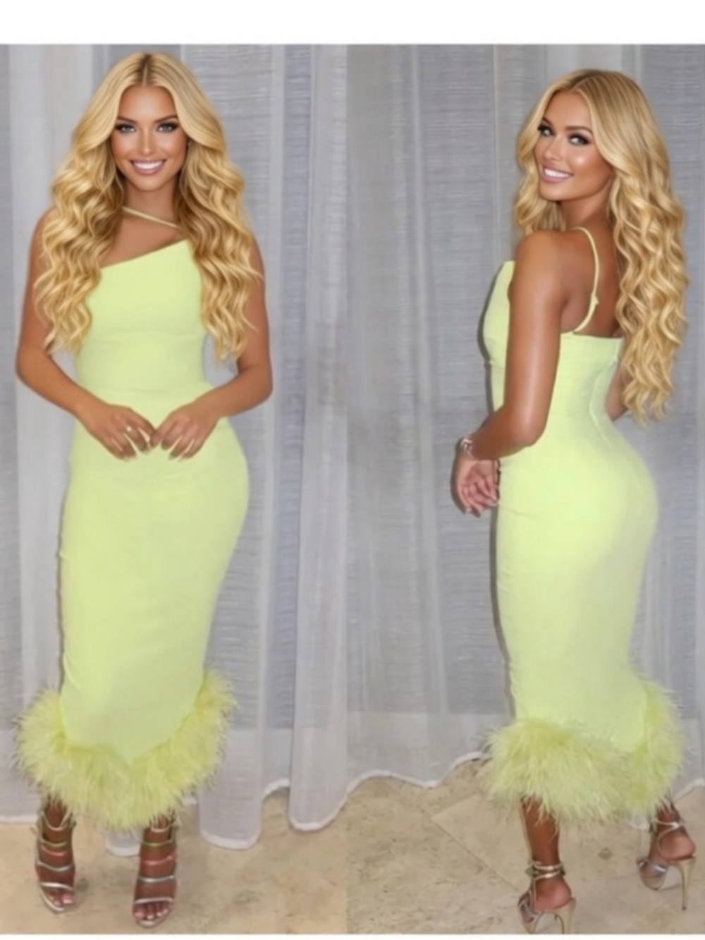 House of CB ‘ALESSIA’ Asymmetrical Feather Trim Midi Dress/ Small US4-6 $399